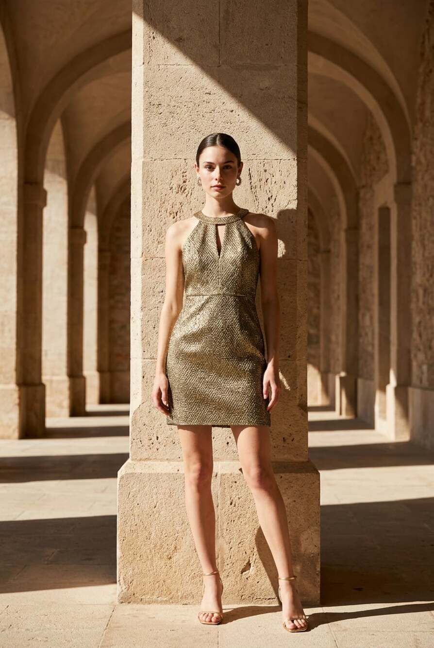 Trina Turk Metallic Zigzag Jacquard Halter Sheath Cocktail Dress